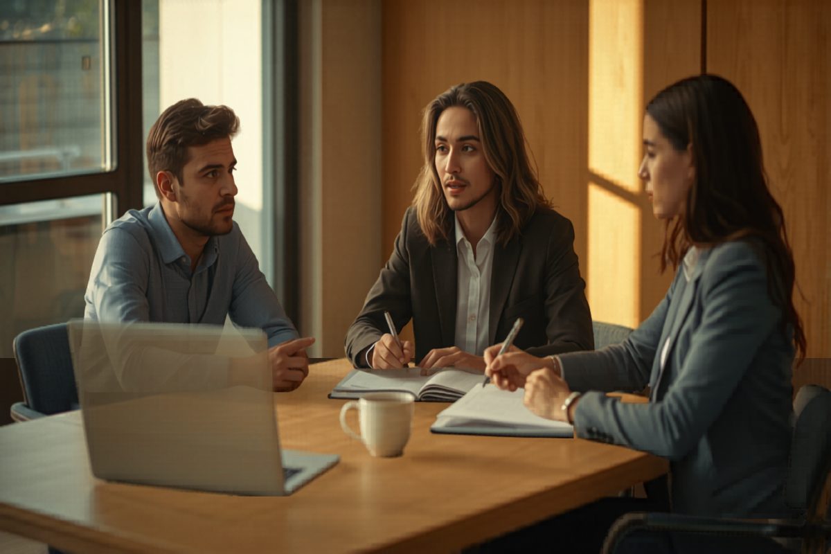 Small business owner and three advisors gathered around a wooden table mid-conversation in warm side window light, with an open notebook and laptop on the table