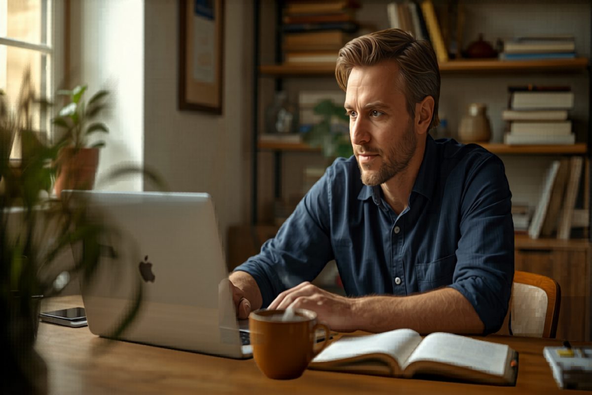Small business owner sitting thoughtfully at a wooden desk with a laptop, open notebook, and coffee in warm afternoon window light