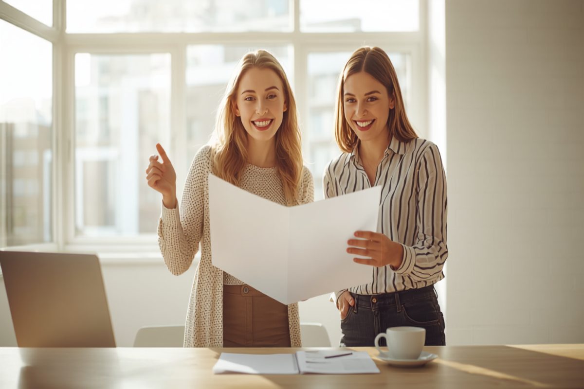 Two confident smiling business colleagues reviewing a one-page annual plan together at a sunlit table in a bright modern office