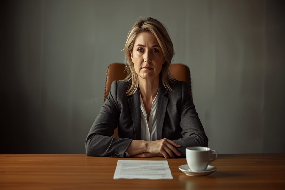 Small business owner sitting alone at a conference table in warm window light, a resignation letter and coffee cup in front of her, looking composed and thoughtful