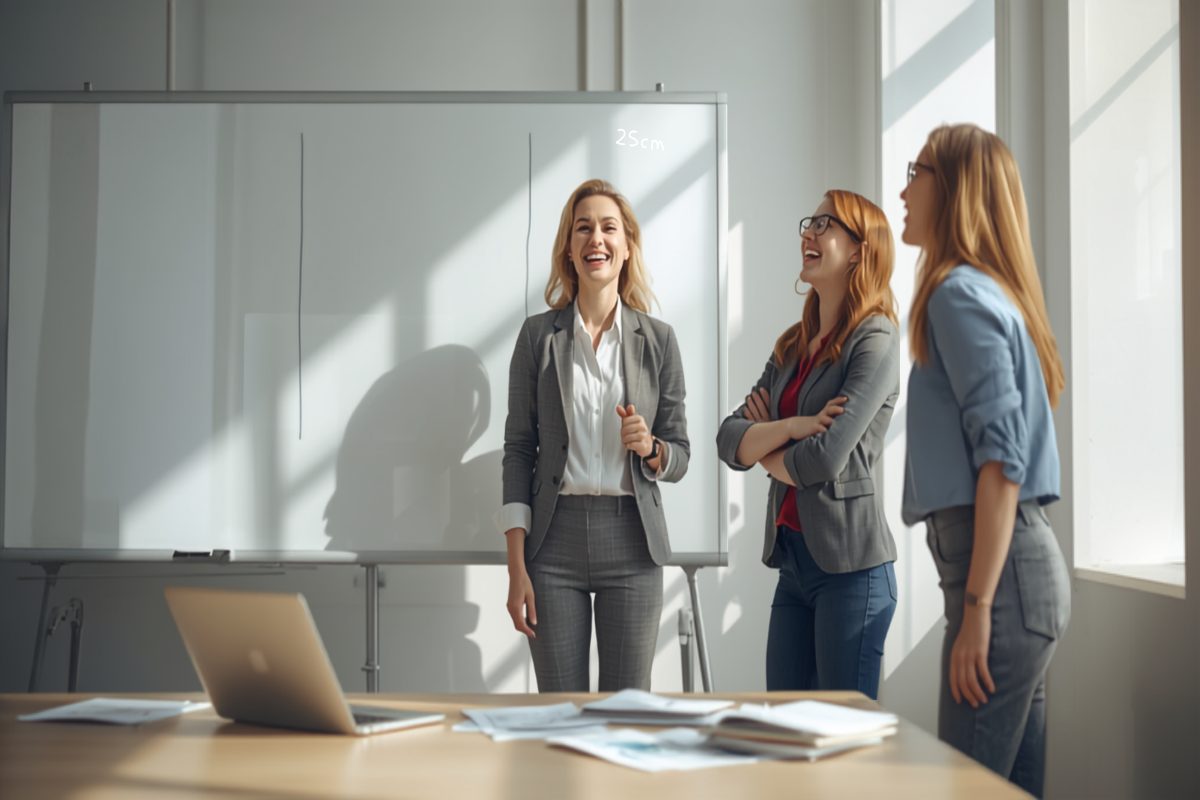 A confident smiling business owner at a sunlit whiteboard walking two engaged colleagues through the numbers behind a major purchase decision in a bright modern office
