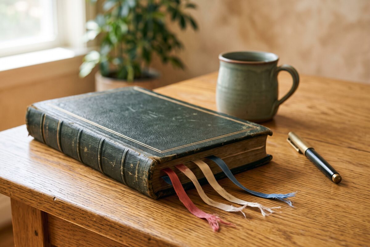 A worn leather-bound minutes ledger closed on a warm oak table, faded ribbon page markers fanning out from between its pages, a pen and a stoneware mug beside it in soft morning window light