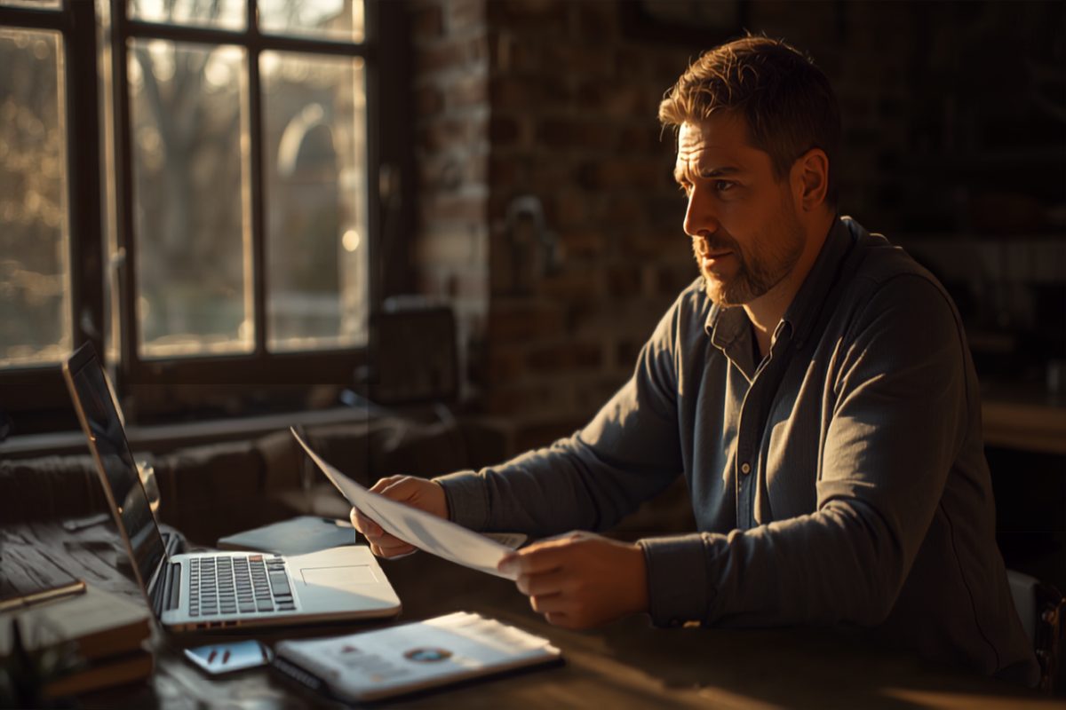 A small business owner reviewing financial projections and funding options at a desk