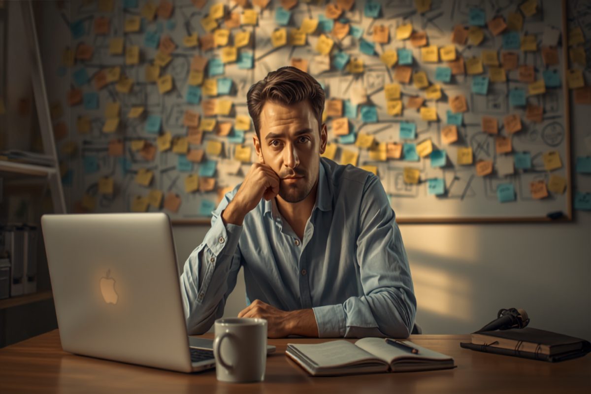 Small business owner sitting at a wooden desk staring at a wall of repeating sticky notes, deep in thought about a recurring problem in warm window light