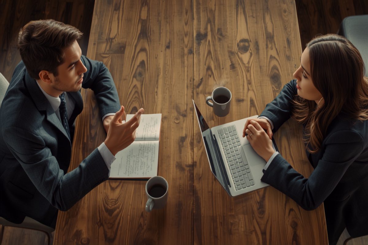 Two business professionals sitting across a wooden table in a candid conversation about a potential partnership, one gesturing while the other listens, with a notebook, laptop, and coffee between them in warm window light