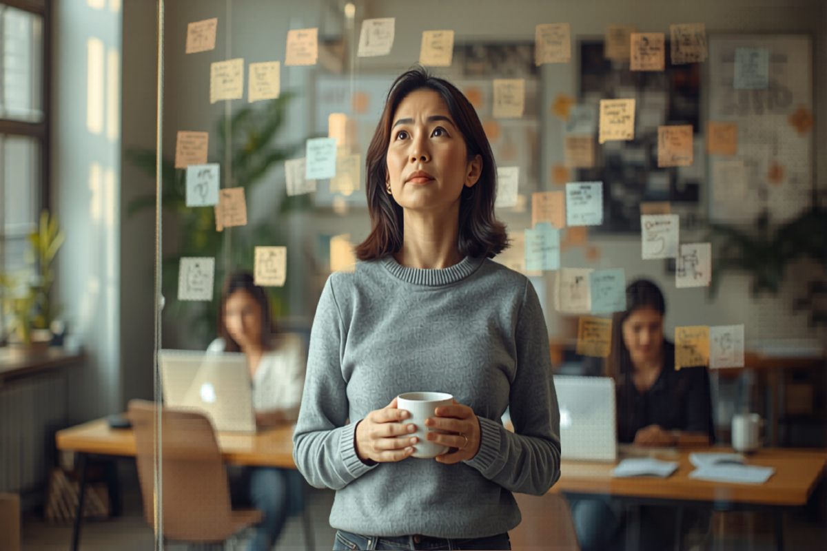 Small business owner standing in front of a wall of sticky notes, holding a coffee cup, mid-reflection in warm window light