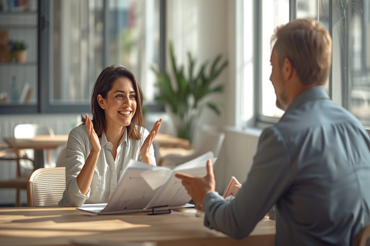 A confident smiling small business owner talking through financing plans with a lender across a sunlit table in a bright modern office
