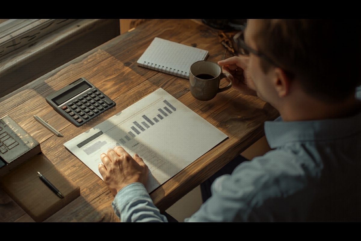 Small business owner at a wooden desk reviewing a simple printed dashboard with highlighted numbers, a calculator, and an open notebook in warm window light