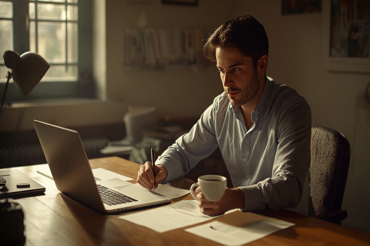 Small business owner sitting alone at a wooden desk in warm window light, composed and focused while reviewing notes after a difficult week, planning the next move