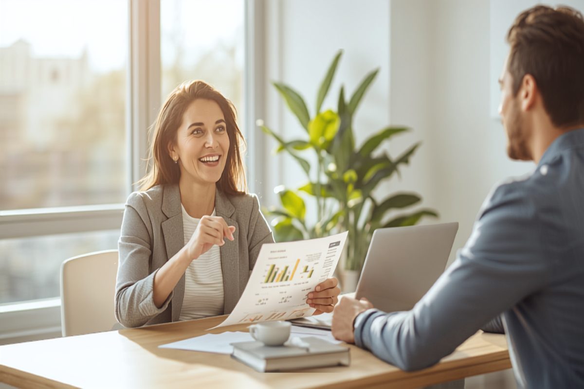 A confident smiling business owner reviewing a financial summary with an advisor at a sunlit table in a bright modern office