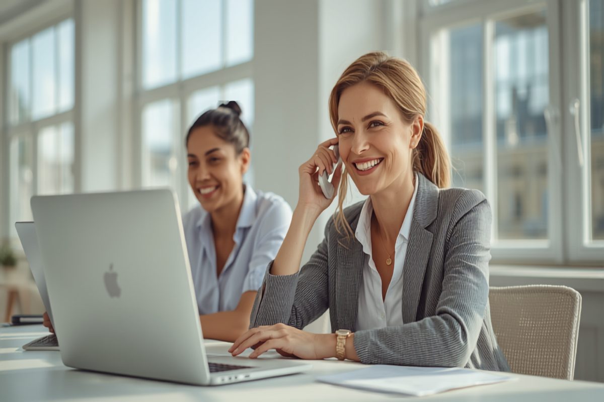 A confident smiling business owner on a friendly phone call at a sunlit desk, reviewing an invoice and payment schedule on a laptop while a colleague works cheerfully beside her in a bright modern office