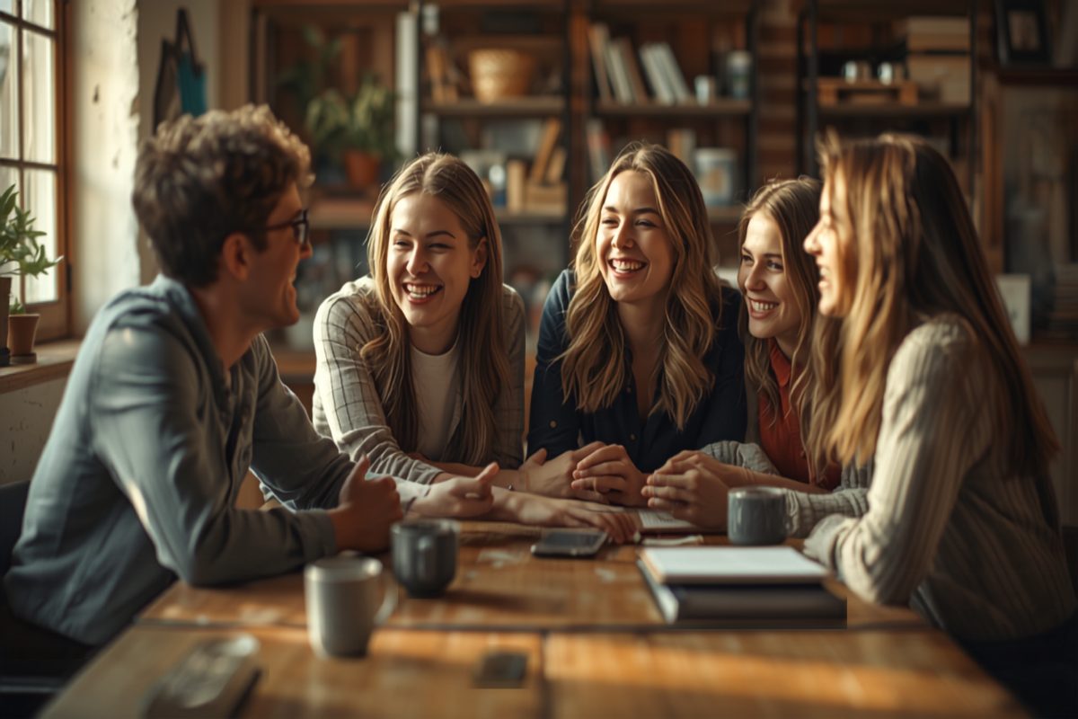 Small business owner and a tight-knit team of four laughing together around a wooden table during a relaxed team huddle in warm window light