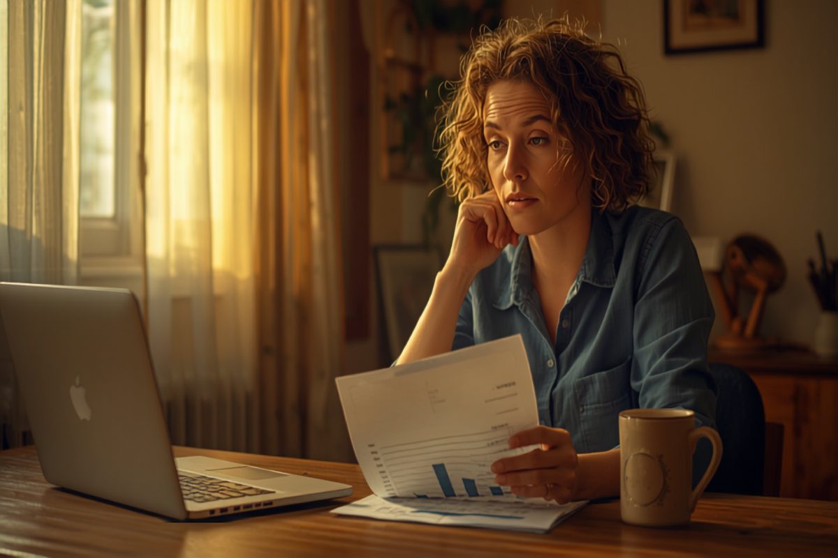 Small business owner sitting at a wooden desk in warm window light, studying a printed revenue breakdown with a thoughtful expression, laptop and coffee mug beside her