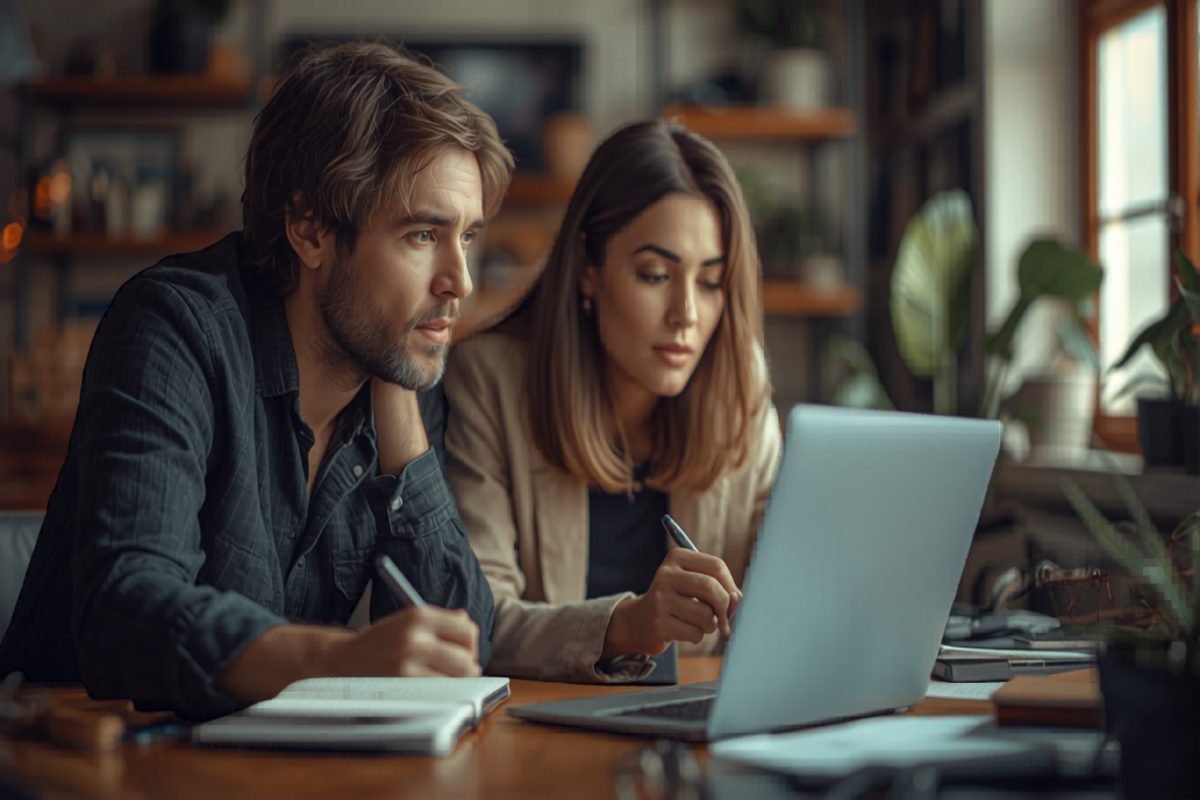 Small business owner walking a team member through a task at a desk, both focused on the screen in warm side window light