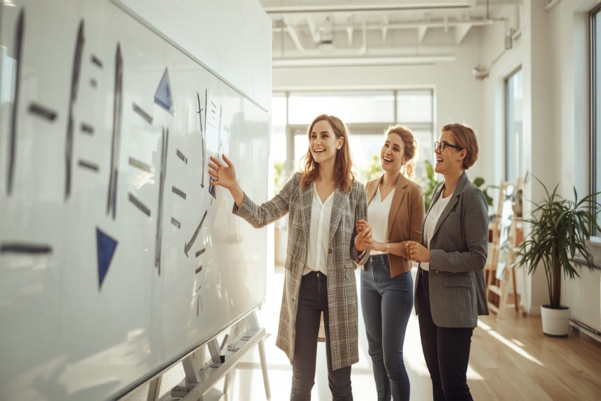 Three smiling business colleagues standing at a sunlit whiteboard in a bright modern office, energetically mapping out what makes their company different