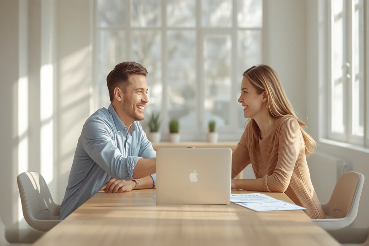 A smiling business owner and a happy employee facing each other across a sunlit table in a bright modern office, laptop and a printed pay plan between them, having a confident and productive compensation conversation