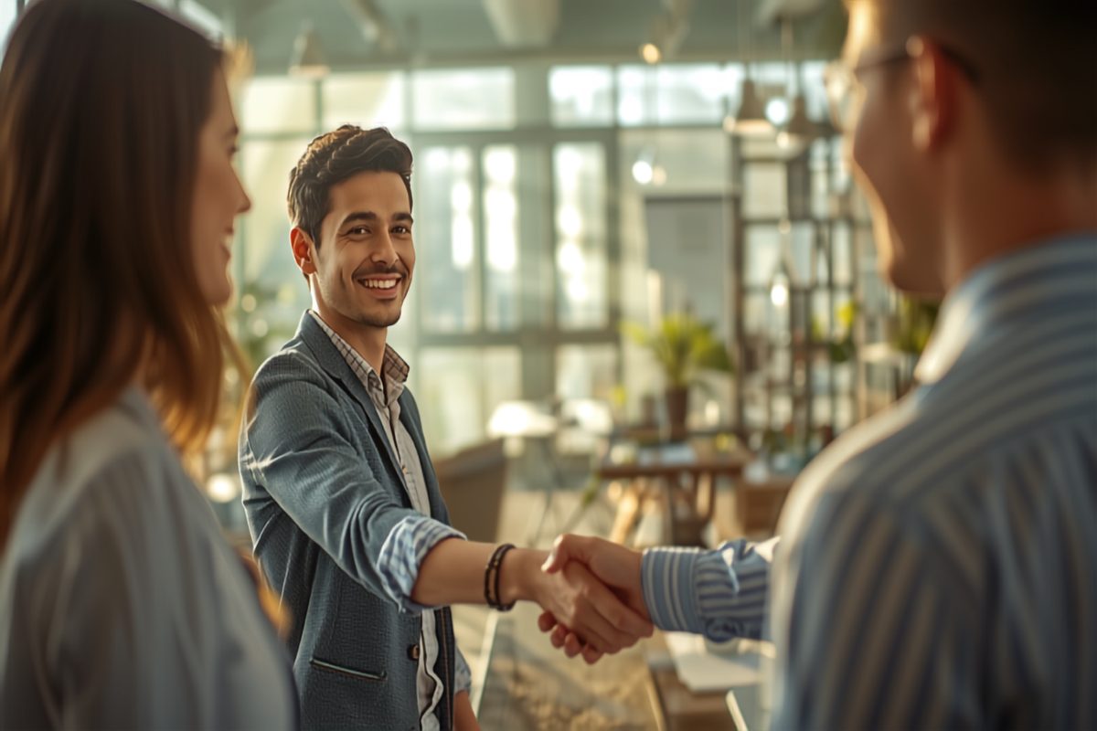 A confident smiling business owner shaking hands with a new employee on their first day in a bright sunlit modern workspace, with a colleague welcoming them