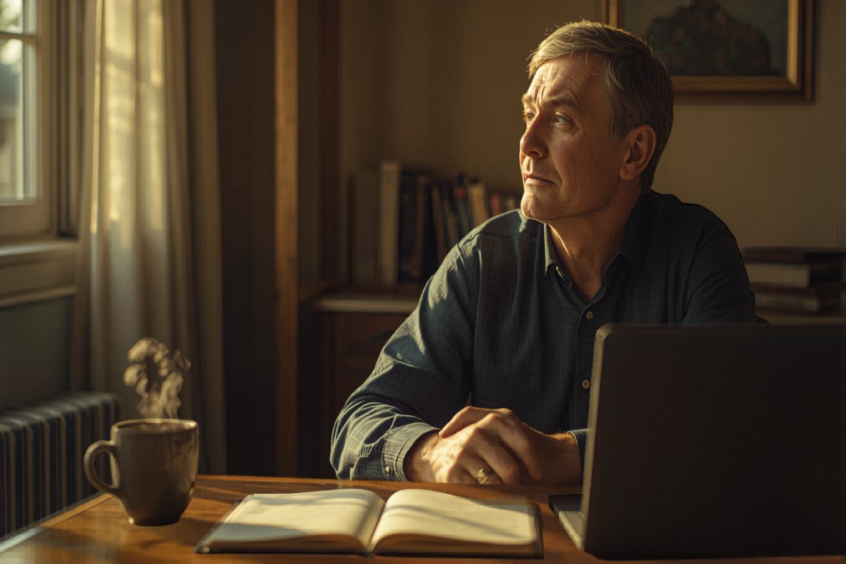 Small business owner sitting at a wooden desk, looking out a window with a closed laptop and notebook, in warm afternoon light, thinking about the future of the business