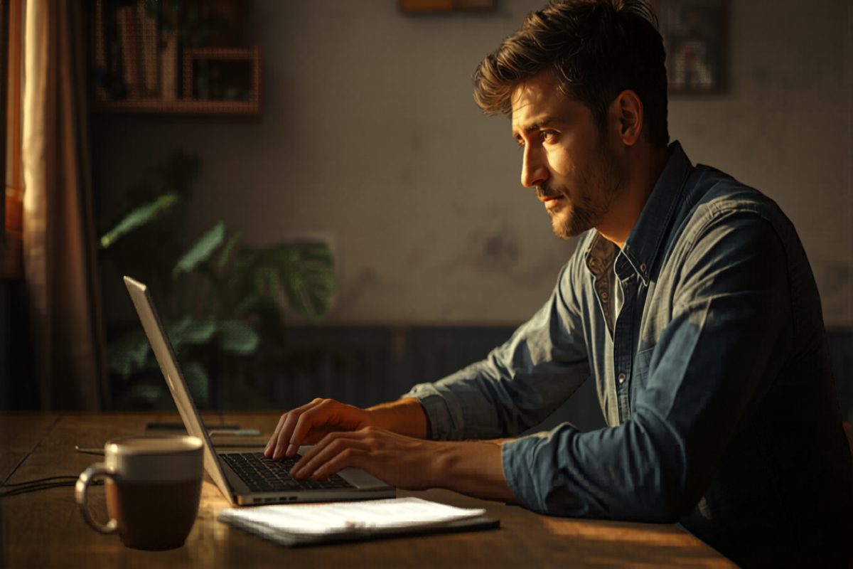 Small business owner sitting at a wooden desk in warm afternoon light, composing a serious email on a laptop with a printed contract nearby