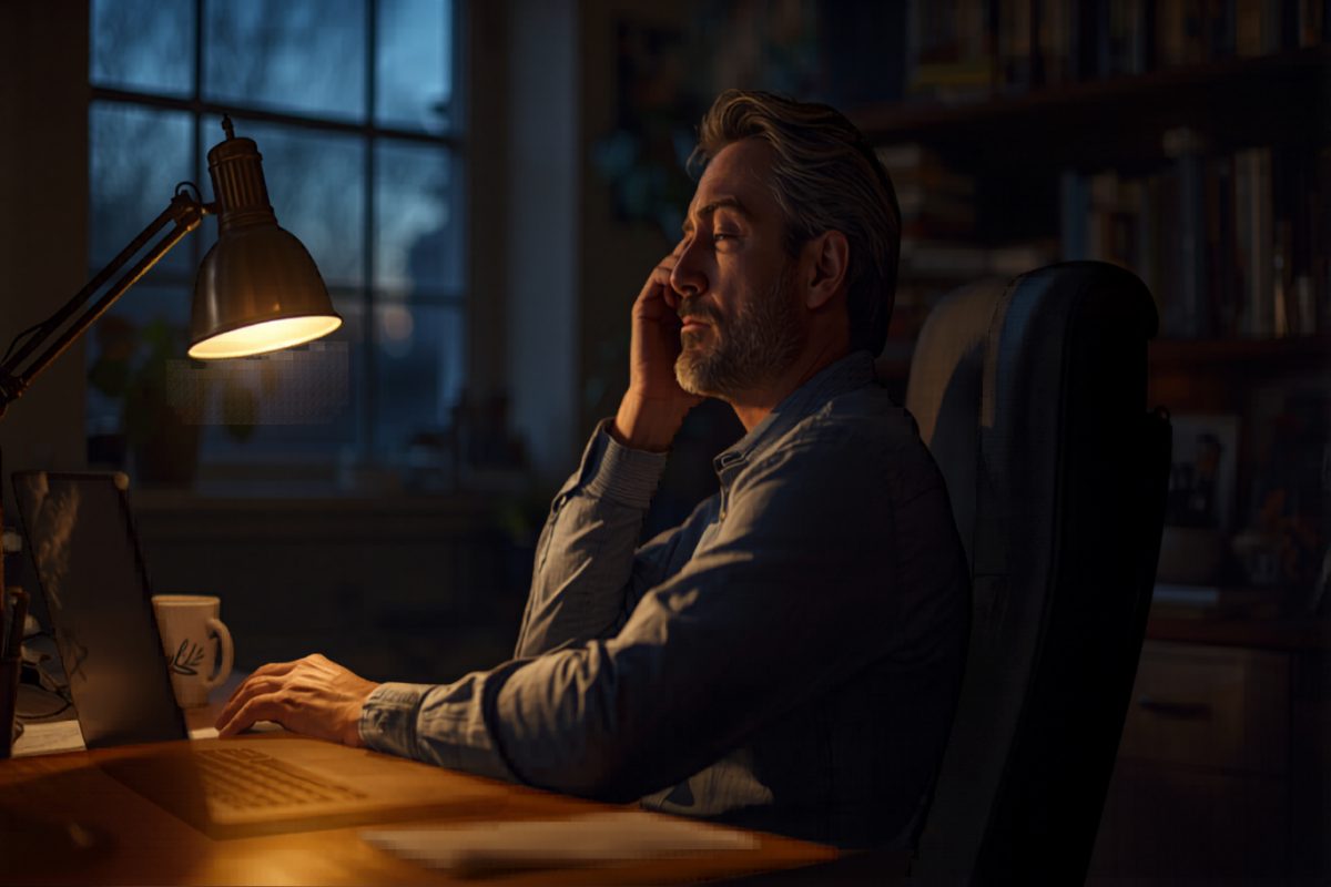Small business owner sitting back from a cluttered desk at dusk, rubbing tired eyes in the glow of a single warm lamp