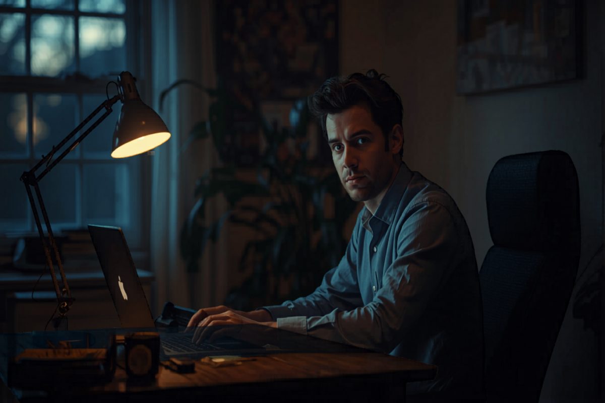 Small business owner working alone at a desk in a quiet home office at dusk, lit by a single warm lamp