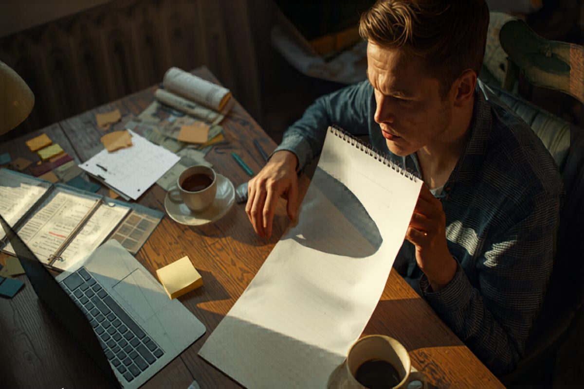 Small business owner sitting at a cluttered wooden desk studying a long handwritten to-do list and sticky notes, deciding what matters most, in warm side window light