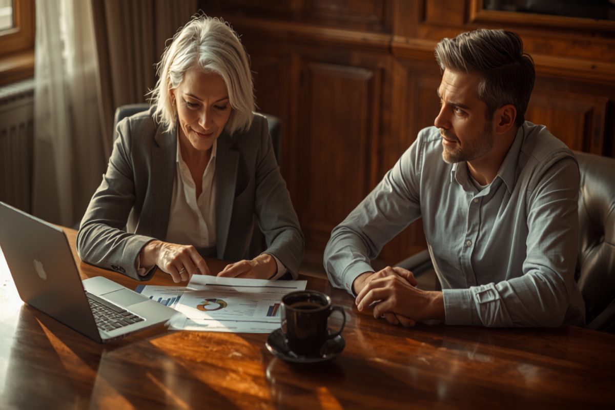 Experienced senior business advisor sitting alongside a small business owner at a wooden conference table, reviewing a printed financial report and laptop together in warm window light