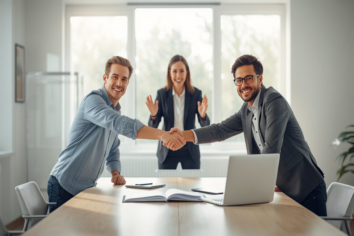 Two confident small business owners smiling and shaking hands across a sunlit conference table after agreeing a deal, a colleague applauding behind them in a bright modern office