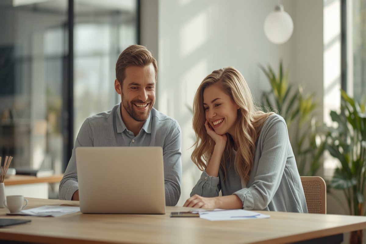 A smiling business owner and a colleague sitting together at a laptop in a bright sunlit office, calmly composing a reply to a customer