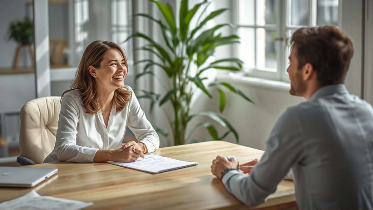 A confident smiling business owner having a warm, engaged working conversation across a light wood table with a colleague, a printed role description between them, in a bright sunlit modern office