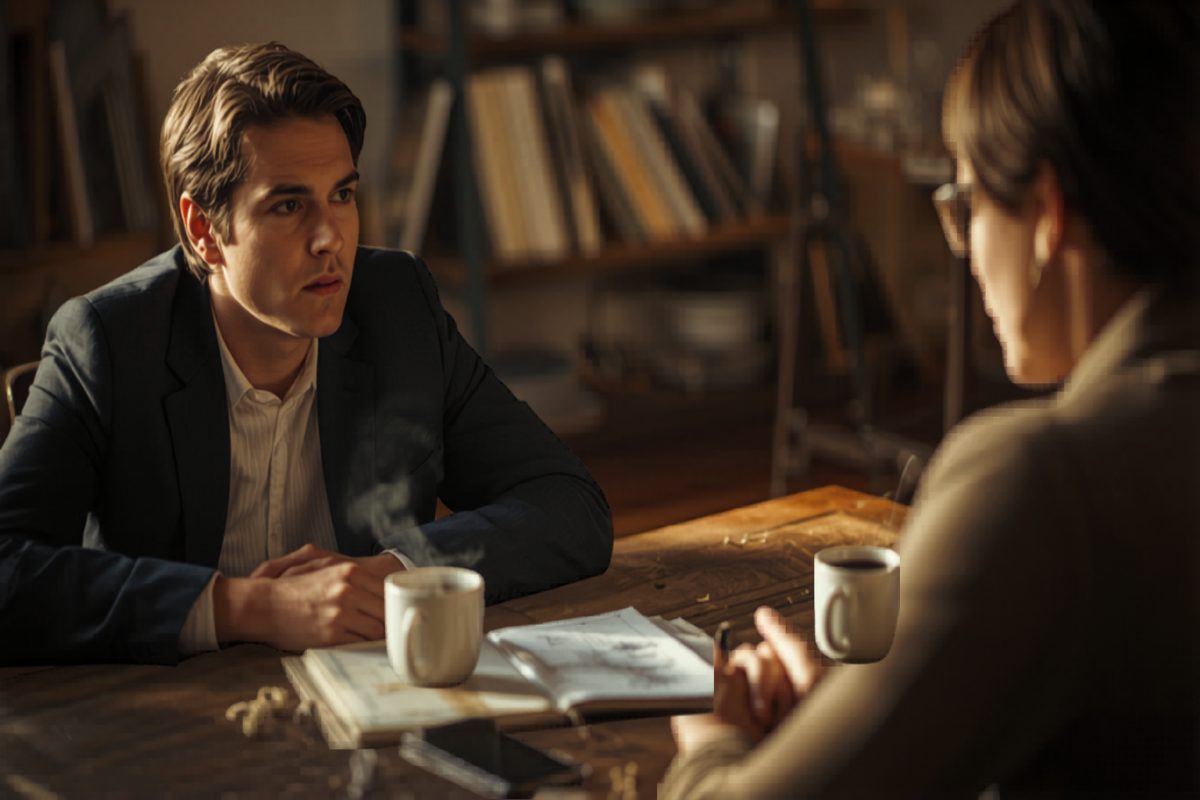 Small business owner listening intently and a little uncomfortably as a trusted advisor speaks frankly across a wooden table in warm window light