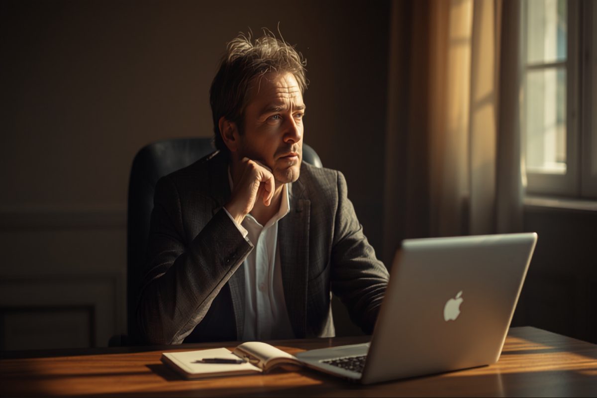 Small business owner sitting alone at a wooden desk, chin resting on one hand, looking thoughtful and self-doubting toward a window in warm afternoon light