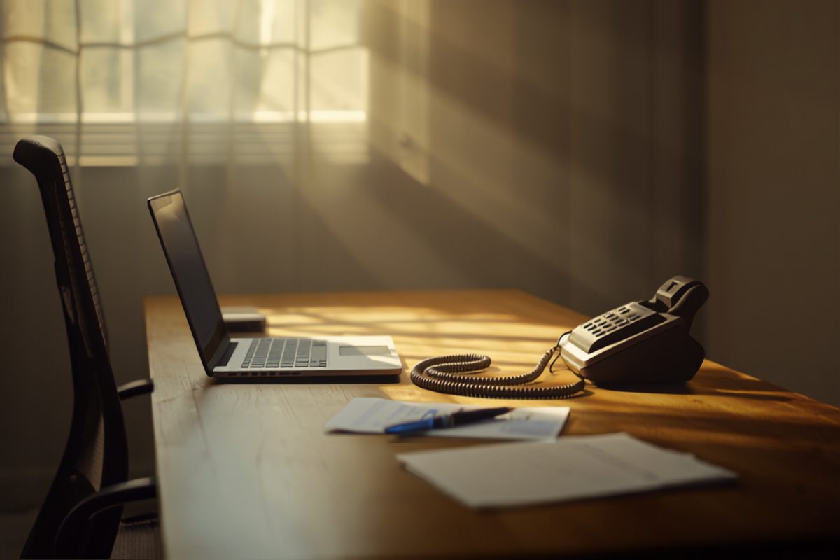 An empty office chair pushed back from a small business owner's wooden desk in warm window light, with an open laptop, a desk phone, and paperwork left mid-task