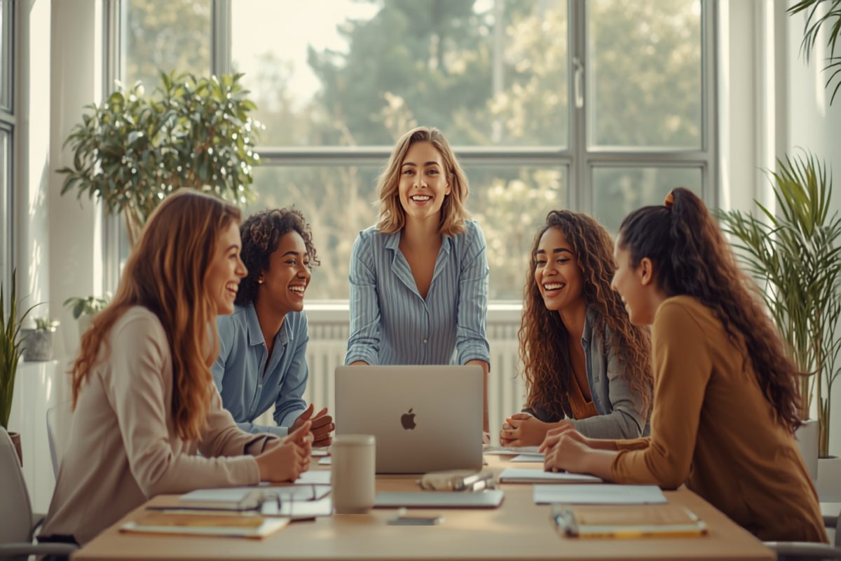A confident smiling business owner standing at the head of a sunlit table leading an energized team huddle, four engaged employees laughing and leaning in around a laptop in a bright modern office