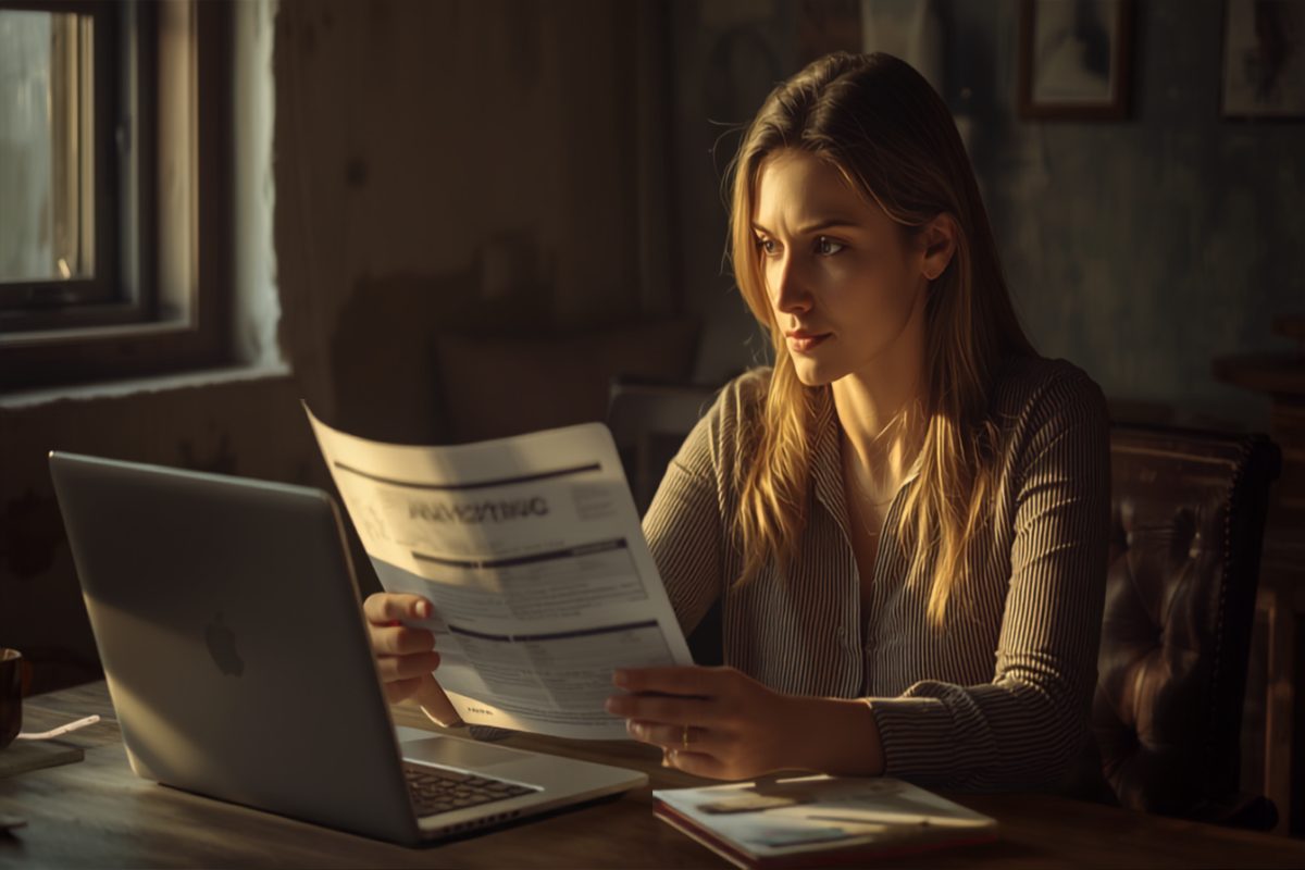 Small business owner sitting at a wooden desk in warm window light, holding a printed report in one hand while studying her open laptop with a concerned, focused expression