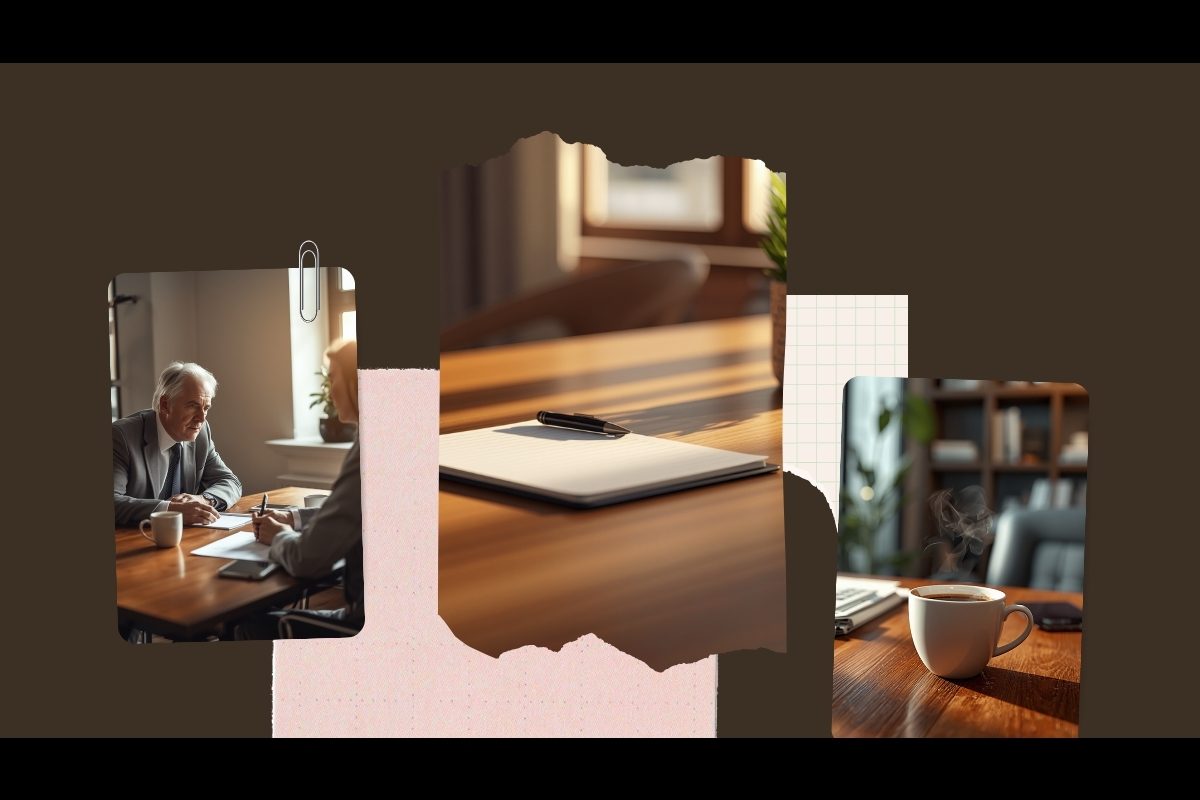 Two business professionals having a focused one-on-one conversation at a wooden desk with coffee and notebooks
