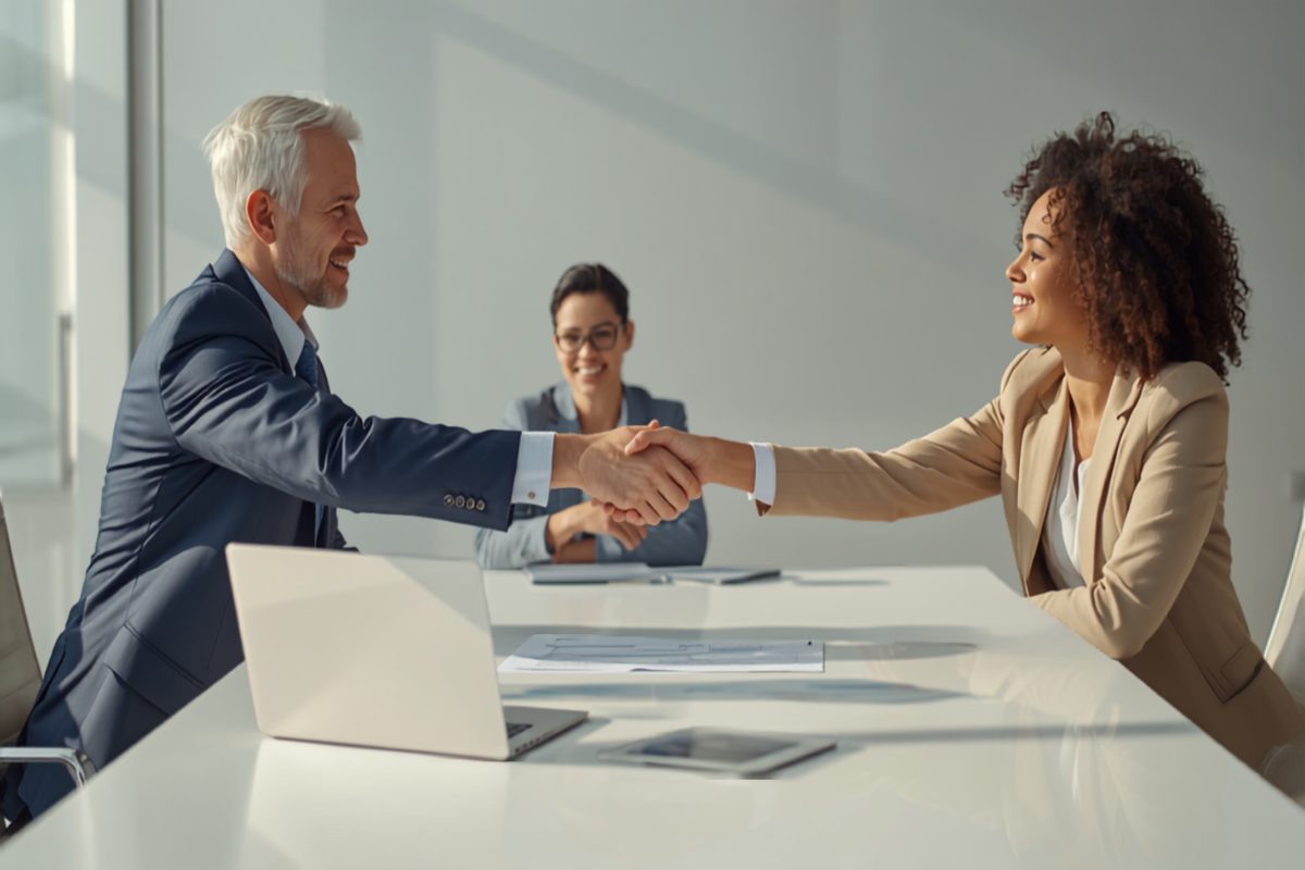 Two business professionals shaking hands across a bright conference table after agreeing supplier terms, both smiling, with a signed contract and open laptop between them and a colleague looking on