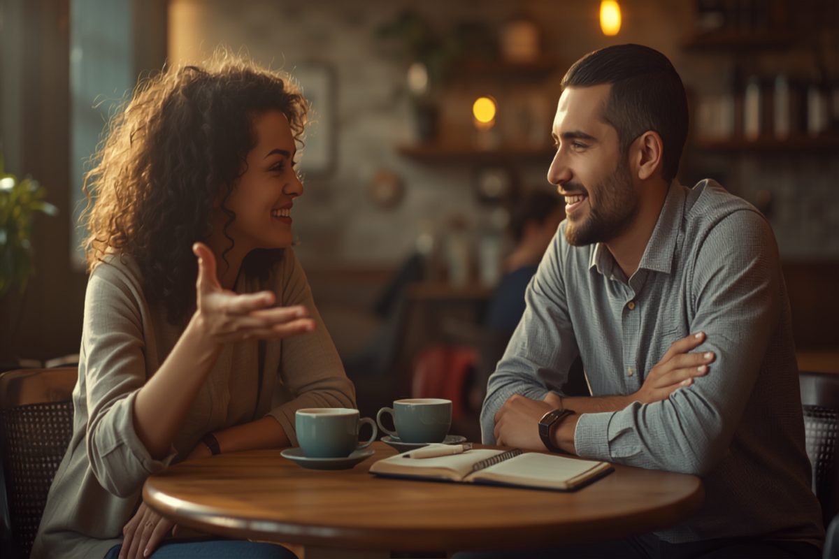 Two small business owners having a relaxed, genuine one-on-one conversation over coffee at a cafe table in warm window light, engaged and unhurried