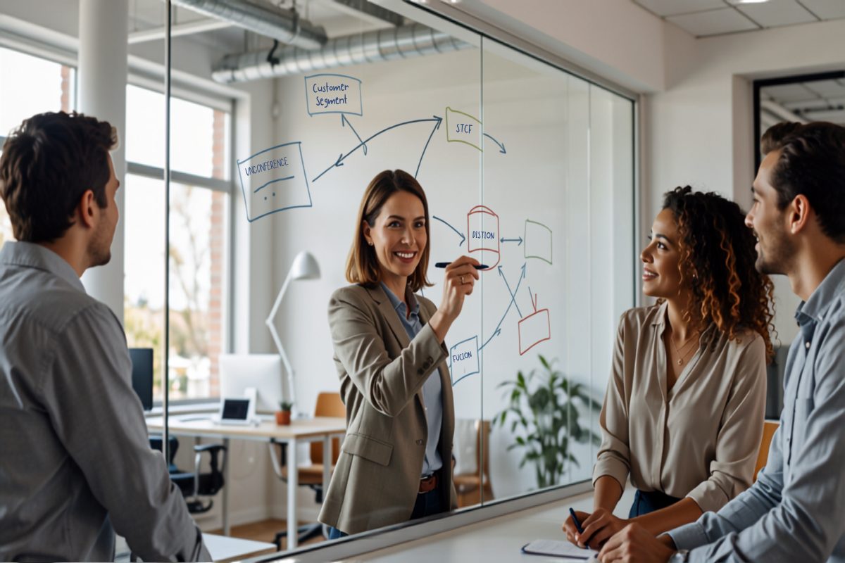 A confident smiling business owner at a sunlit glass whiteboard circling one customer segment while two engaged colleagues lean in, all three energized by the narrowed plan in a bright modern office