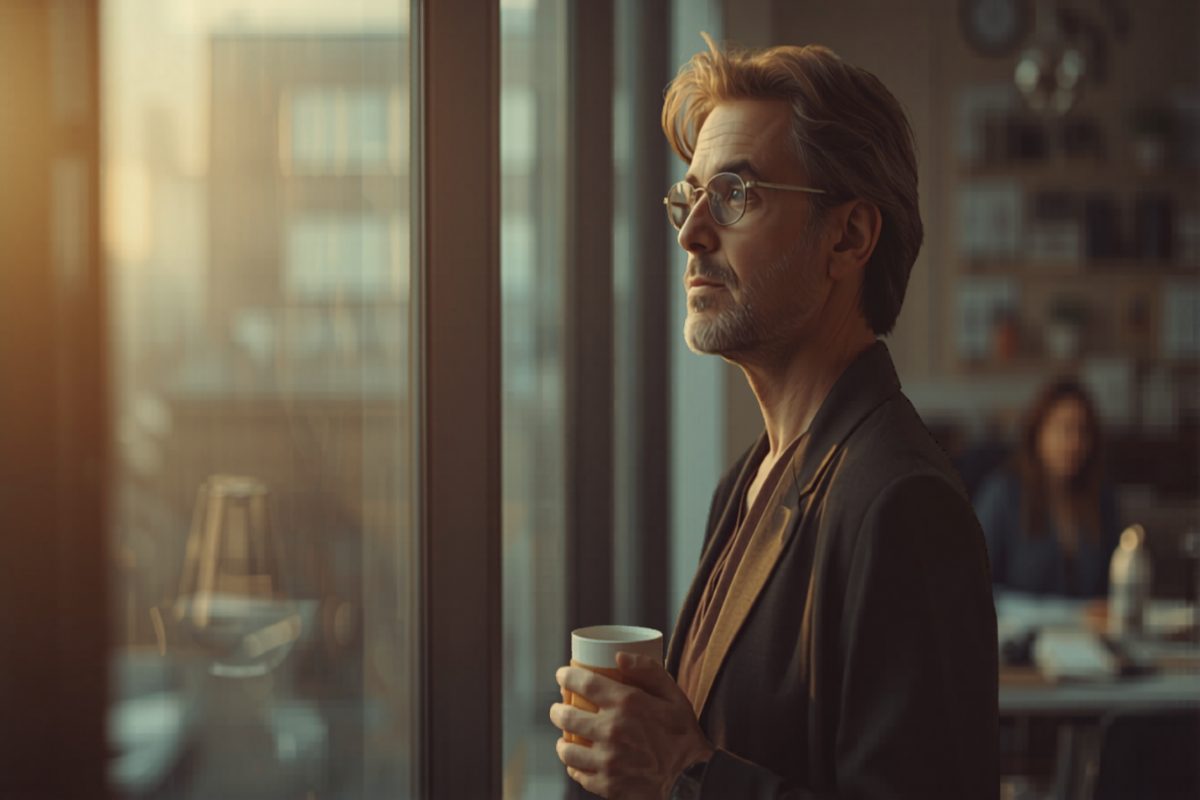 Small business owner standing by a large office window with a coffee mug, stepping back from the workspace to think strategically in warm window light