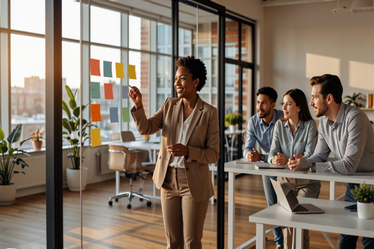 A confident smiling business owner at a sunlit glass whiteboard sorting sticky notes into two columns while three engaged colleagues lean in, deciding which work stays in-house and which goes to an outside partner in a bright modern office