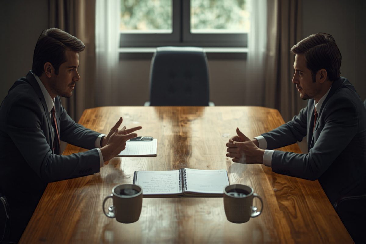 Two business partners sitting across a wooden conference table in a tense but composed conversation, one gesturing while the other listens, with a notebook and coffee between them in warm window light