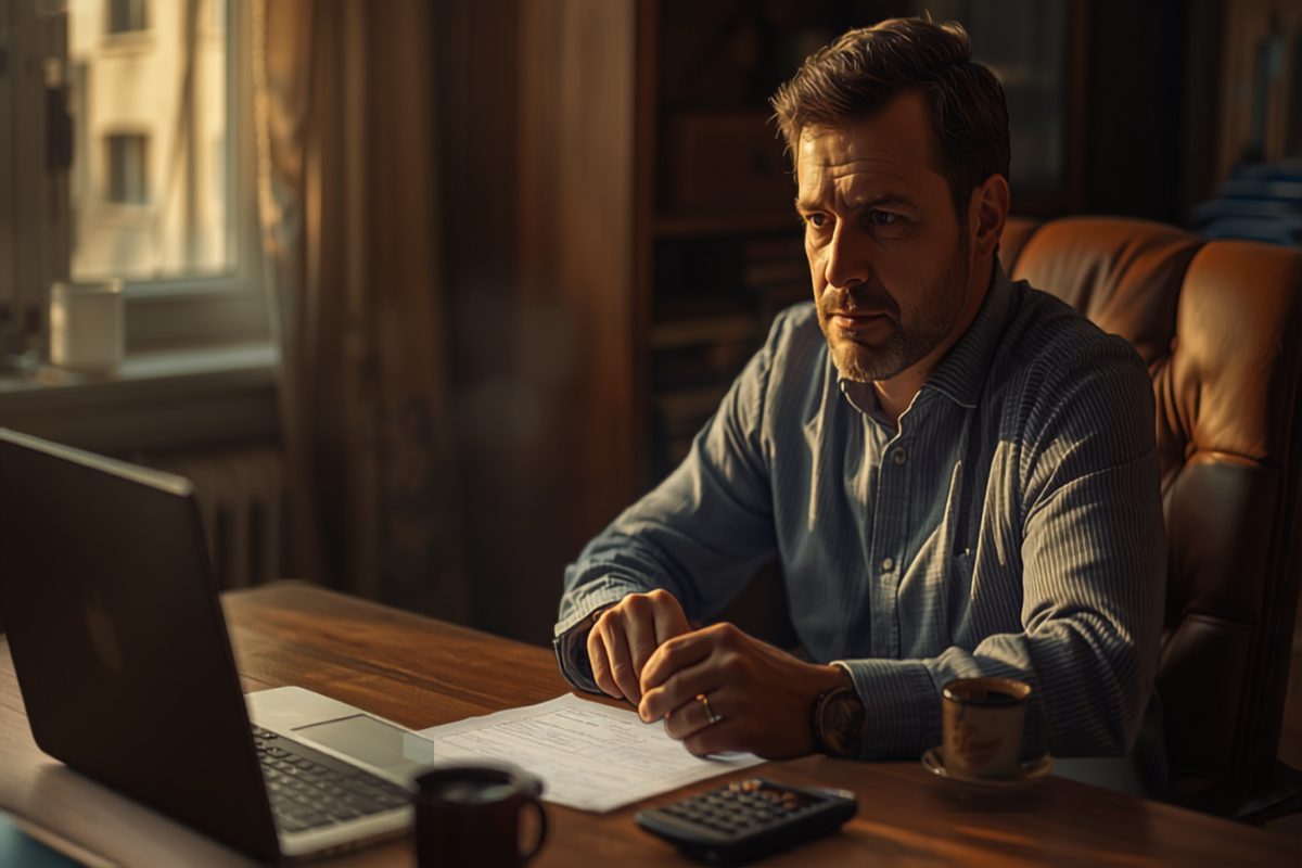 Small business owner at a wooden home-office desk in warm evening light, reviewing a printed pay stub and a budget on paper next to a laptop, calculator, and coffee, weighing what to pay himself