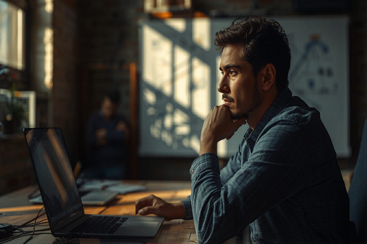 Small business owner standing at a desk between two strategic options, mid-thought in warm afternoon window light