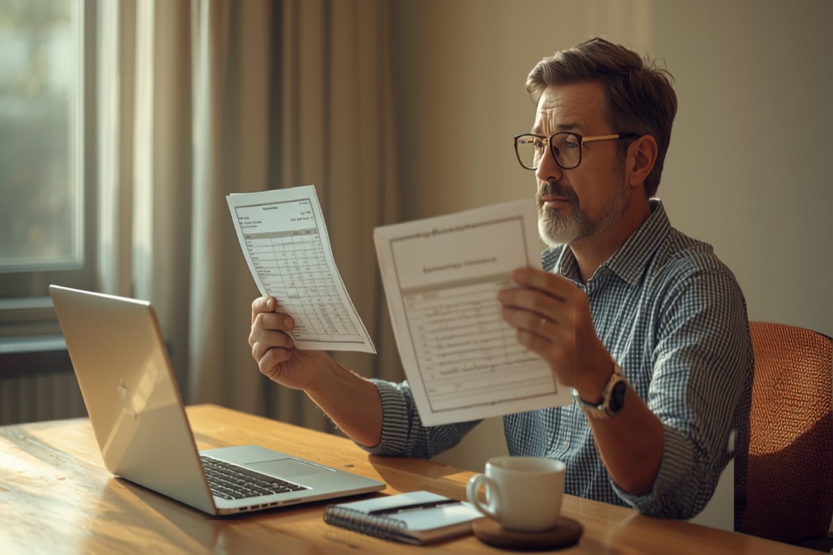 Small business owner sitting at a wooden desk in warm window light, calmly studying a printed profit and loss statement next to a laptop, calculator, and coffee, making sense of the numbers