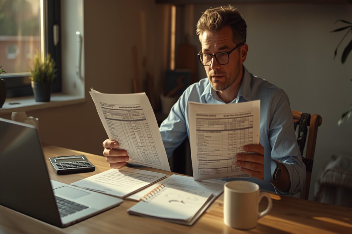 Small business owner sitting at a wooden desk reviewing a cash flow spreadsheet and a printed budget under warm window light, planning ahead with a calculator and notebook