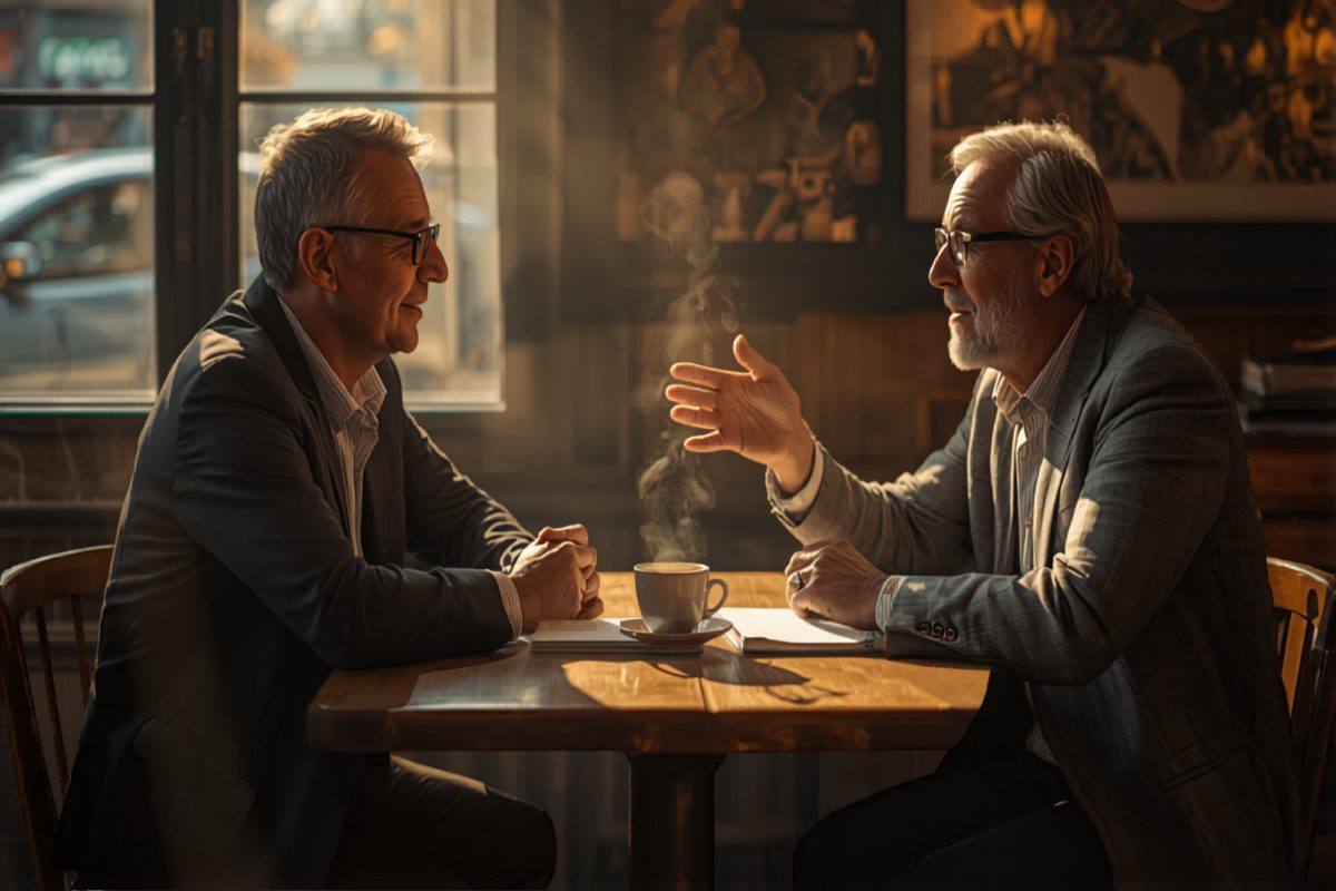 Small business owner in conversation with an experienced advisor at a small wooden cafe table in warm afternoon light