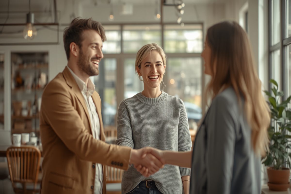 A confident smiling business owner shaking hands with a new customer while a happy existing customer introduces them, all three laughing in a bright sunlit modern shop