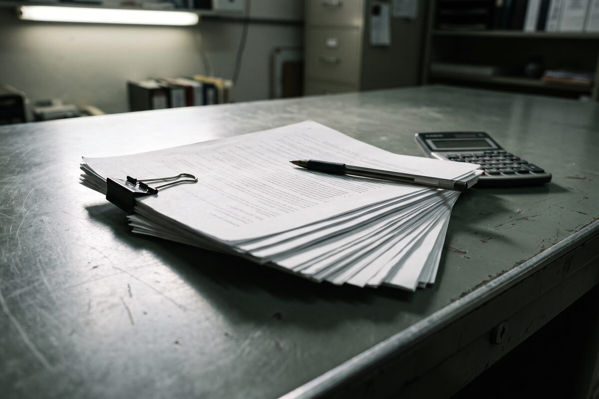 A fanned stack of loose contract pages held by a binder clip on a scratched steel desk, a pen across the top sheet and a calculator beside it, under hard overhead light