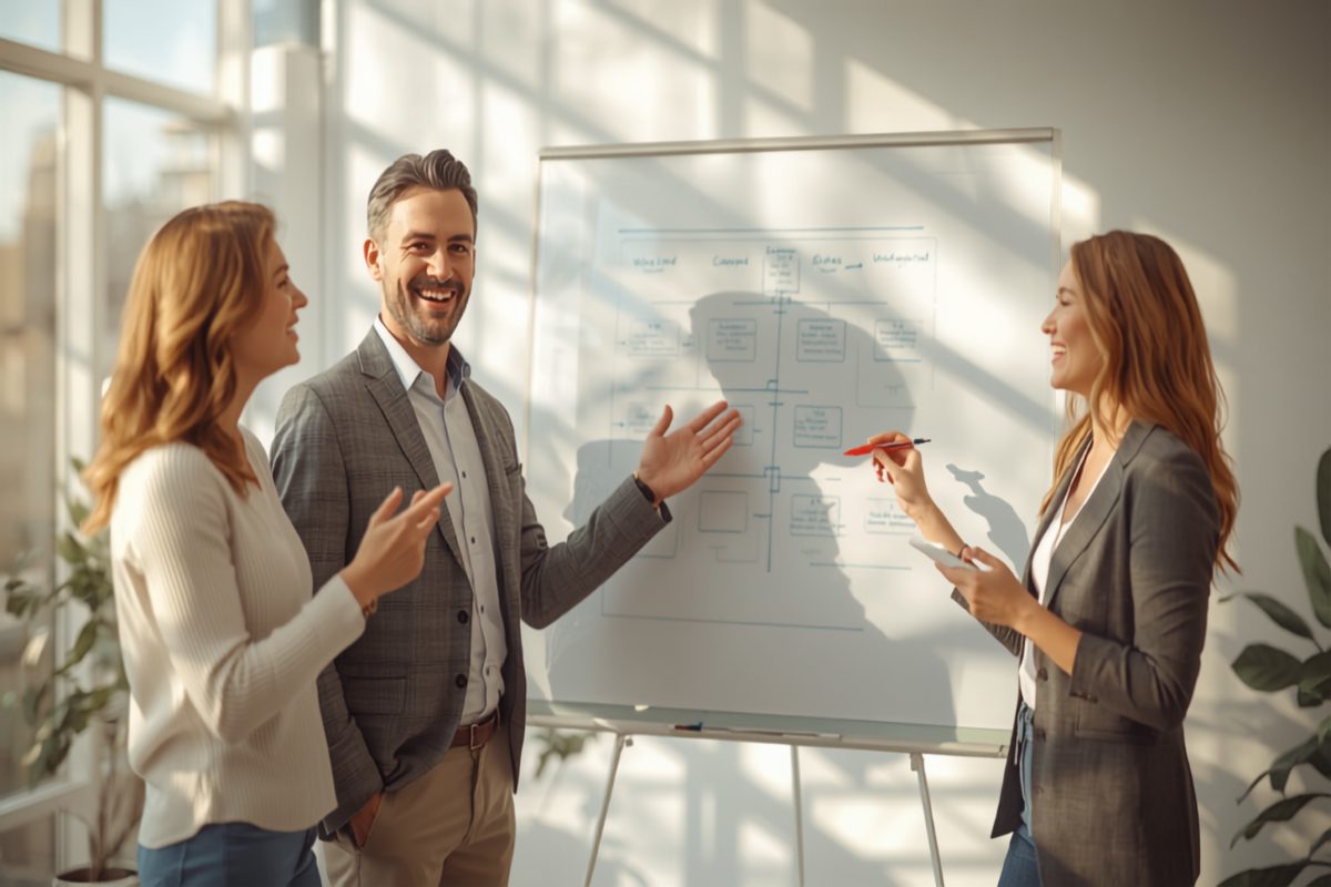 A smiling business owner standing at a sunlit whiteboard walking two engaged colleagues through a mapped-out sales process, all three animated and confident in a bright modern office